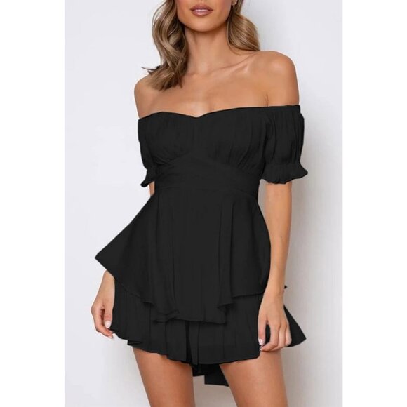 Fixmatti Women Black Boho RomperShoulder Ruffle Chiffon Jumpsuit Playsuits - Picture 7 of 7